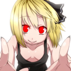 Rule 34 | 1girl, anime coloring, bare shoulders, blonde hair, breasts, downblouse, grin, looking at viewer, reaching, reaching towards viewer, red eyes, rumia, short hair, side ponytail, small breasts, smile, solo, tori (minamopa), touhou, upper body