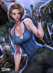 Rule 34 | 1girl, bare shoulders, black gloves, black pants, blue eyes, blue shirt, breasts, brown hair, cleavage, covered navel, cowboy shot, fingerless gloves, gloves, gun, handgun, hibren, highres, holding, holding gun, holding weapon, jewelry, jill valentine, large breasts, looking at viewer, necklace, pants, parted lips, partially unbuttoned, resident evil, resident evil 3, resident evil 3: nemesis, resident evil 3 (remake), shirt, short hair, signature, solo, weapon, zombie