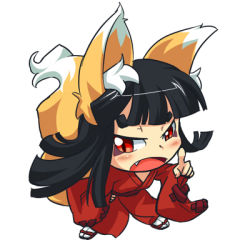 Rule 34 | 1girl, animal ears, black hair, blush, chibi, flat chest, fox ears, fox tail, long hair, lowres, open mouth, original, red eyes, simple background, tail, tsune-hime, ukan muri, white background