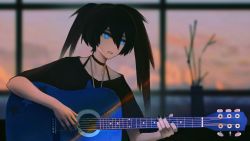Rule 34 | 1girl, black hair, black nails, black rock shooter, black rock shooter (character), black shirt, blue eyes, blurry, blurry background, choker, collarbone, hair between eyes, highres, holding, holding instrument, instrument, long hair, ly (pixiv13839236), nail polish, open mouth, shirt, short sleeves, solo, twintails, upper body