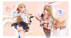 Rule 34 | 1girl, animal, animal ears, ass, belt, blonde hair, blue skirt, breasts, brown dust, brown dust 2, chaa art, checkered necktie, cleavage, clothes around waist, cropped legs, eleaneer (brown dust 2), english text, eyebrows hidden by hair, fake animal ears, feet out of frame, groin, hair between eyes, highres, holding, holding animal, holding rabbit, large breasts, leaning forward, leotard, lipstick, long hair, looking at viewer, makeup, multiple views, nail polish, necktie, open mouth, outline, partially unbuttoned, pink background, pleated skirt, purple eyes, rabbit, rabbit ears, red wrist cuffs, school uniform, seductive smile, shirt, skirt, smile, sweater, sweater around waist, teeth, thigh strap, thighhighs, underboob, v, very long hair, wedgie, white leotard, white shirt, white thighhighs, wide sleeves, wrist cuffs