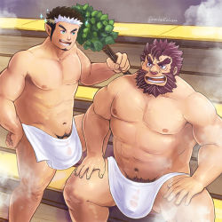 Rule 34 | 2boys, abs, banya (sauna), bara, bare pectorals, beard, blush, brown hair, bulge, christmas, ded (housamo), facial hair, feet out of frame, flaccid, fur-trimmed jacket, fur trim, goatee, jacket, large pectorals, long sideburns, male focus, male pubic hair, mature male, multicolored hair, multiple boys, muscular, muscular male, naked towel, navel, nipples, old, old man, omochiwotakusan, on bench, open clothes, open jacket, paid reward available, pectorals, penis, penis peek, pointy ears, pubic hair, pubic hair peek, red jacket, paid reward available, santa costume, sauna, see-through, short hair, sideburns, sitting, snowflakes, sparkling eyes, steam, stomach, thick thighs, thighs, tokyo houkago summoners, tomte (housamo), towel, towel around waist, two-tone hair, wet, wet clothes, white hair