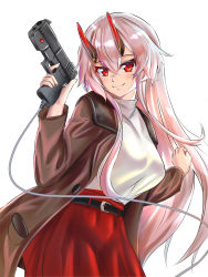 Rule 34 | 1girl, absurdres, belt, black belt, blush, breasts, brown coat, coat, commentary request, controller, fate/grand order, fate (series), game controller, gun, hair between eyes, head tilt, highres, holding, holding gun, holding weapon, horns, large breasts, light gun, long hair, long skirt, looking at viewer, oni horns, pink hair, red eyes, red skirt, simple background, skirt, smile, solo, sweater, sweater under jacket, tomoe gozen (fate), turtleneck, turtleneck sweater, very long hair, weapon, white background, white sweater, wire, yahan (mctr5253)