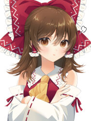 Rule 34 | 1girl, :t, ascot, bare shoulders, bow, brown eyes, brown hair, commentary request, crossed arms, detached sleeves, frilled bow, frilled hair tubes, frills, frown, hair tubes, hakurei reimu, highres, kirisita, long hair, looking at viewer, pout, red hair, red shirt, ribbon-trimmed sleeves, ribbon trim, shirt, solo, touhou, upper body, white background, yellow ascot