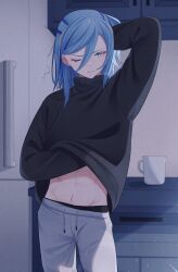 Rule 34 | 1boy, abs, black sweater, blue hair, commentary request, cowboy shot, creatures (company), cup, cupboard, game freak, grey pants, grusha (pokemon), hair between eyes, hand up, highres, indoors, looking down, male focus, mocacoffee 1001, mug, navel, nintendo, one eye closed, pants, parted lips, pokemon, pokemon sv, refrigerator, shadow, signature, solo, sweater