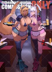 Rule 34 | 2girls, animal ear fluff, animal ears, apron, bendy straw, between breasts, bikini, black gloves, black thighhighs, blue bikini, blue eyes, blue footwear, blue skirt, blue thighhighs, blush, bottle, breast on breast, breasts, cake, cleavage, commission, cross piercing, drinking straw, earrings, eyeshadow, fingerless gloves, fins, fish tail, food, gloves, goggles, goggles on head, hand on another&#039;s waist, heart, highres, holdign tray, indoors, inline skates, jewelry, kamitoge supino, large breasts, leaning, long hair, maid apron, makeup, medium hair, miniskirt, multiple girls, navel piercing, necktie, necktie between breasts, omelet, omurice, piercing, pink skirt, plate, pointy ears, purple bikini, purple footwear, rabbit ears, rabbit girl, rabbit tail, red eyeshadow, restaurant, roller skates, round eyewear, shark girl, shark tail, sharp teeth, shrug (clothing), single thighhigh, skates, skirt, smile, swimsuit, tail, teeth, thigh strap, thighhighs, twitter username, waitress, watermark, white necktie