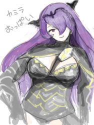 Rule 34 | 1girl, between breasts, breasts, camilla (fire emblem), cha koutou, circlet, female focus, fire emblem, fire emblem fates, hair between eyes, hair over one eye, horns, large breasts, long hair, nintendo, purple hair, simple background, sketch, smile, solo, strap between breasts, tegaki, white background