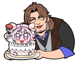 Rule 34 | 1boy, 1girl, :3, = =, age difference, belmond banderas, birthday cake, bkub, black shirt, blush, brown vest, cake, chibi, collared shirt, commentary, dot nose, closed eyes, facial hair, facing viewer, food, fork, fruit, hair over shoulder, hat, holding, holding fork, in food, long sleeves, looking at viewer, nijisanji, open mouth, pink eyes, pink footwear, pink hair, ponytail, shirt, short eyebrows, short hair, simple background, smile, strawberry, stubble, thick eyebrows, tray, ushimi ichigo, vest, virtual youtuber, white background