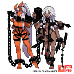 Rule 34 | 2girls, amputee, barefoot, bdsm, bondage, bound, chain, chained, colored skin, dark-skinned female, dark skin, dice clan, hammer, highres, horns, long hair, multiple arms, multiple girls, red eyes, red skin, revealing clothes, shawnger, sword, unusual pupils, weapon, yellow eyes