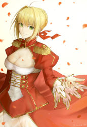 Rule 34 | 1girl, bad id, bad pixiv id, blonde hair, breasts, cleavage, dress, fate/grand order, fate (series), green eyes, highres, medium breasts, minoe08, nail polish, nero claudius (fate), nero claudius (fate) (all), red dress, red nails, simple background, solo, white background