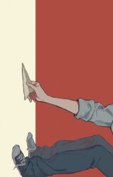 Rule 34 | 1other, ambiguous gender, black footwear, commentary request, denim, grey background, grey shirt, highres, jeans, kgeroua, lower body, original, pants, paper airplane, red background, shirt, sideways, sleeves rolled up, two-tone background, untied footwear