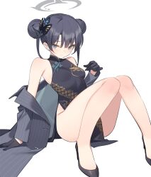 Rule 34 | arm support, black dress, black footwear, black gloves, black hair, blue archive, breasts, butterfly hair ornament, china dress, chinese clothes, closed mouth, double bun, dragon print, dress, gloves, grey eyes, grey jacket, hair bun, hair ornament, halo, highres, jacket, kildir, kisaki (blue archive), legs, long hair, looking at viewer, print dress, simple background, sitting, small breasts, striped clothes, striped jacket, twintails, vertical-striped clothes, vertical-striped jacket, white background