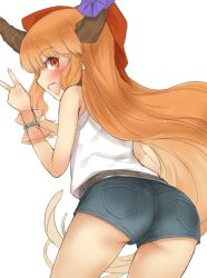 Rule 34 | 1girl, ass, bad id, bad twitter id, blush, bow, denim, denim shorts, fang, from behind, hair bow, highres, horns, ibuki suika, inactive account, long hair, looking back, matching hair/eyes, nishiuri, open mouth, orange eyes, orange hair, short shorts, shorts, simple background, solo, touhou, v, wrist cuffs