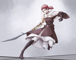 Rule 34 | 1girl, belt, black belt, black footwear, black gloves, boots, brown dress, cloak, commentary request, dress, elden ring, full body, gloves, holding, holding sword, holding weapon, lips, looking at viewer, mechanical arms, millicent (elden ring), pants, parted lips, pink lips, prosthesis, prosthetic arm, red hair, short hair, short ponytail, single glove, single mechanical arm, solo, sword, weapon, white background, white cloak, white pants, wide sleeves, xa-ze, yellow eyes