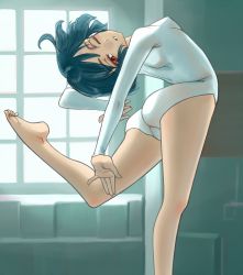 Rule 34 | 1girl, arched back, ass, barefoot, black hair, blush, breasts, from behind, highres, kageng, leotard, long sleeves, looking at viewer, medium breasts, one eye closed, original, parted lips, red eyes, short hair, stretching, teeth, wall, white leotard, window