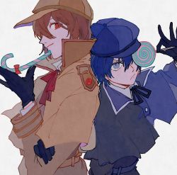 Rule 34 | 1boy, 1girl, akechi gorou, androgynous, black gloves, blue eyes, blue hair, brown hair, cabbie hat, candy, candy cane, capelet, coat, collared shirt, detective, expressionless, food, gloves, hair between eyes, hat, highres, holding, holding food, lollipop, looking at viewer, neck ribbon, persona, persona 4, persona 5, red eyes, reverse trap, ribbon, shenhaihua, shirogane naoto, shirt, sideways glance, simple background, smile, swirl lollipop, upper body, white background, white shirt