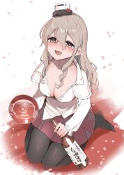 Rule 34 | alcohol, black pantyhose, bottle, brown eyes, card (medium), cherry blossoms, collarbone, cup, drunk, falling petals, grey hair, hat, holding, holding bottle, kantai collection, looking at viewer, mini hat, miniskirt, open clothes, open shirt, outdoors, pantyhose, petals, pola (kancolle), sakazuki, sake bottle, shirt, sitting, skirt, thick eyebrows, wariza, wavy hair, white shirt, yamashichi (mtseven)