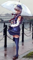Rule 34 | 1girl, absurdres, ahoge, bare shoulders, beret, black hat, blue eyes, blue hat, blue jacket, blue skirt, blue thighhighs, braid, brown footwear, brown hair, commentary request, detached sleeves, full body, hair flaps, hair ornament, hair over shoulder, hat, highres, holding, holding umbrella, jacket, kantai collection, loafers, looking to the side, official alternate costume, photo background, pleated skirt, rain, shigure (kancolle), shigure kai ni (kancolle), shoes, single braid, skirt, smile, solo, thighhighs, umbrella, yoko hata