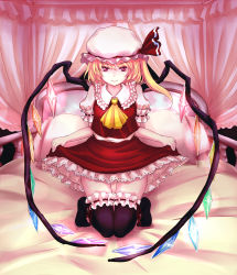 Rule 34 | 1girl, ascot, bed, black thighhighs, blonde hair, canopy bed, curtsey, dress, embodiment of scarlet devil, female focus, flandre scarlet, frills, hat, highres, indoors, kneeling, large wings, looking at viewer, on bed, pillow, red eyes, short hair, side ponytail, smile, solo, ten ryuu sadaaki, thighhighs, touhou, wings
