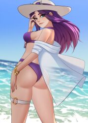 Rule 34 | 1girl, bikini, breasts, caitlyn (league of legends), day, eyewear on headwear, hat, highres, jewelry, league of legends, long hair, looking at viewer, o-ring, ocean, open clothes, outdoors, pool party (league of legends), pool party caitlyn, purple bikini, purple hair, shinchiiart, sideboob, smile, solo, sun hat, sunglasses, swimsuit, water