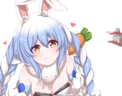 Rule 34 | 1girl, :3, animal ear fluff, animal ears, bare shoulders, blue hair, blurry, blurry background, breasts, carrot hair ornament, commentary, detached sleeves, disco brando, food-themed hair ornament, fur collar, hair between eyes, hair ornament, heart, highres, hololive, long hair, looking at viewer, medium breasts, multicolored hair, orange eyes, puffy detached sleeves, puffy sleeves, rabbit ears, simple background, smile, solo, streaked hair, symbol-shaped pupils, twitter username, two-tone hair, usada pekora, usada pekora (1st costume), virtual youtuber, white background, white hair