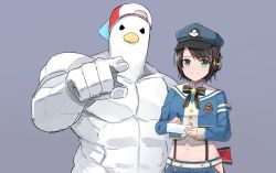 Rule 34 | 1girl, 1other, backwards hat, bird, blue background, blue eyes, blue jacket, breasts, brown hair, closed mouth, commentary request, cowboy shot, crop top, duck, grey shirt, hair ornament, hat, highres, holding, holding paper, holding pen, hololive, jacket, long hair, looking at viewer, mascot, midriff, navel, official alternate costume, oozora subaru, oozora subaru (work), paper, pen, pointing, pointing at viewer, police hat, shirt, short hair, shuuzo3, simple background, skirt, sleeves past wrists, striped clothes, striped shirt, subaru duck, suspender skirt, suspenders, swept bangs, vertical-striped clothes, vertical-striped shirt, virtual youtuber, worried, writing