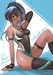 Rule 34 | 1girl, absurdres, arm support, asymmetrical legwear, black gloves, black hair, black one-piece swimsuit, black thighhighs, breasts, commission, competition swimsuit, dark-skinned female, dark skin, fingerless gloves, freckles, gloves, gradient hair, green eyes, highres, looking at viewer, medium breasts, moguta (moguta9), multicolored hair, one-piece swimsuit, original, ponytail, single thighhigh, sitting, solo, swimsuit, thighhighs
