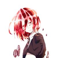Rule 34 | androgynous, bad id, bad pixiv id, black necktie, cinnabar (houseki no kuni), closed mouth, colored eyelashes, colored skin, crying, crying with eyes open, crystal hair, gender request, houseki no kuni, looking at viewer, mercury (element), necktie, other focus, red eyes, red hair, short sleeves, simple background, solo, tears, uniform, upper body, white background, white skin