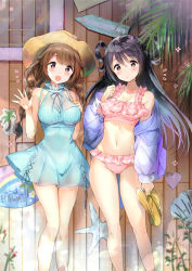 Rule 34 | 2girls, :d, :o, bad id, bad pixiv id, bare shoulders, bikini, black hair, blush, braid, breasts, brown eyes, brown hair, collarbone, commentary request, dress, frilled bikini, frills, green dress, hair between eyes, hair rings, hand up, hat, hayama eishi, holding, jacket, leaf, legs apart, legs together, long hair, long sleeves, medium breasts, multiple girls, off shoulder, open clothes, open jacket, open mouth, original, palm tree, pink bikini, plant, purple jacket, short dress, sleeveless, sleeveless dress, slippers, smile, spread fingers, standing, swimsuit, tree, twin braids, waving