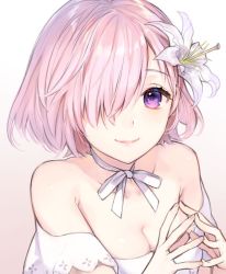 Rule 34 | 1girl, bare shoulders, breasts, cleavage, collarbone, dress, fate/grand order, fate (series), flower, gradient background, hair flower, hair ornament, hair over one eye, kaguyuzu, light purple hair, mash kyrielight, mash kyrielight (formal dress), medium breasts, official alternate costume, own hands together, pink hair, purple eyes, ribbon, short hair, smile, solo, strapless, strapless dress, upper body, white background