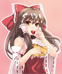 Rule 34 | 1girl, asu hare, bad id, bad pixiv id, bare shoulders, bow, brown eyes, brown hair, colored eyelashes, detached sleeves, female focus, food, fruit, hair bow, hakurei reimu, highres, holding, holding food, holding fruit, japanese clothes, long hair, looking at viewer, miko, orange eyes, pink background, sexually suggestive, simple background, solo, strawberry, touhou, upper body