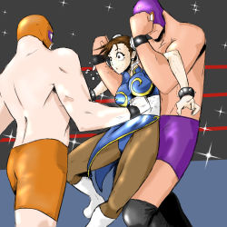Rule 34 | 1girl, 2boys, absurdres, battle, belly punch, boots, bracelet, breasts, brown hair, bun cover, capcom, china dress, chinese clothes, chun-li, double bun, dress, fighting, ghost13, highres, holding, multiple boys, muscular, open mouth, pain, panties, pantyhose, punching, restrained, ryona, spiked bracelet, spikes, street fighter, sweat, tears, thighs, trembling, underwear, wrestler, wrestling, wrestling ring