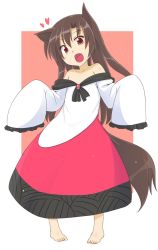 Rule 34 | 1girl, :d, animal ears, bad id, bad twitter id, barefoot, blush, brown eyes, brown hair, dress, flat chest, frilled sleeves, frills, full body, heart, highres, imaizumi kagerou, kazawa (tonzura-d), long hair, long sleeves, looking at viewer, md5 mismatch, off shoulder, open mouth, outside border, oversized clothes, pigeon-toed, red eyes, resized, simple background, sleeves past wrists, smile, solo, sparkle, standing, tail, toes, touhou, wolf ears, wolf tail