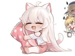 Rule 34 | + +, 3girls, :3, :d, ahoge, animal ear fluff, animal ears, bare shoulders, barefoot, blonde hair, blush stickers, cat ears, cat girl, cat tail, chibi, closed eyes, clothing cutout, commentary request, dokomon, dress, drooling, eating, elpin (trickcal), fang, food, full body, grey dress, habit, hair between eyes, highres, holding, holding food, hugging object, komi (trickcal), korean commentary, long hair, multiple girls, nell (trickcal), open mouth, peeking out, pillow, pillow hug, pink shorts, red eyes, saliva, shadow, shirt, short sleeves, shorts, shoulder cutout, simple background, sitting, smile, soles, tail, tiara, toes, trickcal, veil, very long hair, white background, white hair, white shirt