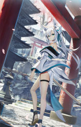 Rule 34 | 1girl, animal ears, architecture, bare legs, blue eyes, commentary request, ear piercing, east asian architecture, floating hair, fox ears, fox girl, fox mask, fox tail, hair between eyes, highres, hololive, japanese clothes, kimono, long hair, long sleeves, looking at viewer, looking back, mask, mask on head, outdoors, piercing, scottie (phantom2), shirakami fubuki, silver hair, solo, standing, tail, thigh strap, torii, virtual youtuber, white kimono