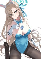 Rule 34 | 1girl, animal ears, asuna (blue archive), asuna (bunny) (blue archive), bare shoulders, blue archive, blue eyes, blue leotard, blush, breasts, brown pantyhose, cleavage, deca purio, detached collar, elbow gloves, fake animal ears, gloves, grin, hair over one eye, highleg, highleg leotard, large breasts, leotard, light brown hair, long hair, looking at viewer, mole, mole on breast, pantyhose, playboy bunny, rabbit ears, smile, solo, thighs, white gloves