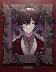 Rule 34 | 1boy, absurdres, bolo tie, brooch, brown hair, collared shirt, flower, gem, grey shirt, grey vest, hair between eyes, heart, heart-shaped gem, heart-shaped pupils, highres, ivy, jacket, jewelry, looking at viewer, male focus, original, parted lips, patterned background, picture frame, plant, poppy (flower), red background, red flower, red gemstone, red jacket, ringed eyes, shirt, short hair, smile, solo, straight-on, symbol-shaped pupils, through medium, through painting, through screen, upper body, vest, vines, wabiawabi