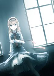 Rule 34 | 1girl, alice margatroid, alternate hairstyle, ascot, black pantyhose, blonde hair, blue eyes, book, clere, dress, female focus, hairband, highres, holding, long hair, no nose, hugging object, pantyhose, smile, solo, touhou, window