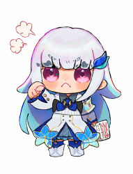 Rule 34 | &gt;:(, 1girl, armband, blue hair, blue skirt, blue thighhighs, blunt bangs, blush, boots, chibi, clenched hand, closed mouth, cross-laced footwear, frown, full body, garter straps, hair ornament, hand up, highres, holding, jacket, kiduta cielo, lace-up boots, lize helesta, long hair, long sleeves, looking at viewer, multicolored hair, nijisanji, pleated skirt, purple eyes, safety pin, silver hair, simple background, skirt, solo, standing, thick eyebrows, thighhighs, thighhighs under boots, two-tone hair, v-shaped eyebrows, very long hair, virtual youtuber, white background, white footwear, white jacket