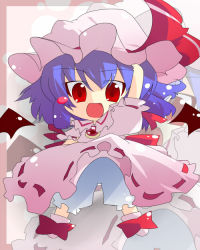 Rule 34 | 1girl, :d, arm up, blue hair, blush stickers, chibi, female focus, hat, oka (bananashoe), open mouth, outstretched arm, pink hat, red eyes, remilia scarlet, ribbon, smile, solo, touhou, wings, zoom layer