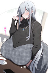 Rule 34 | 1girl, absurdres, black sweater, blush, breast rest, breasts, coffee, coffee cup, cold country girlfriend (konoshige), cowboy shot, cup, curvy, disposable cup, dress, expressionless, gigantic breasts, grey eyes, grey hair, hair over one eye, highres, jewelry, konoshige (ryuun), long hair, looking at viewer, necklace, original, pale skin, plaid, plaid dress, ring, sidelocks, solo, sound effects, sweater, table, turtleneck, turtleneck sweater, very long hair