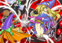 Rule 34 | 3girls, ass, blonde hair, blood, boots, breasts, card ejector, claws, creature, curvy, dark magician girl, dark persona, demon, demon wings, disguise, duel monster, female focus, green eyes, green hair, harpie queen, hat, horns, huge breasts, injury, kuriboh, leotard, long hair, looking back, magical girl, monster, multiple girls, open mouth, ponytail, shiny skin, straw (yokubou hiroba), the wicked avatar, violence, wings, yu-gi-oh!, yu-gi-oh! duel monsters