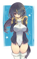 Rule 34 | 10s, arrow (symbol), black hair, black sweater, blonde hair, blue background, boots, breasts, brown eyes, check translation, covered erect nipples, covered navel, drawstring, emperor penguin (kemono friends), gloves, hair over one eye, headphones, hood, hoodie, kemono friends, leotard, long hair, long sleeves, medium breasts, multicolored hair, scarf, shishitoumaru, signature, solo, star (symbol), streaked hair, sweatdrop, sweater, tail, thigh boots, thighhighs, translation request, unzipped, white footwear, white leotard, zipper