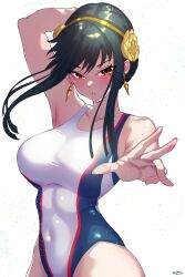 Rule 34 | 1girl, absurdres, black hair, breasts, commentary request, competition swimsuit, covered navel, cowboy shot, earrings, gold earrings, gold hairband, hairband, highres, jewelry, large breasts, long hair, looking at viewer, momoyama tits, one-piece swimsuit, red eyes, sidelocks, simple background, solo, spy x family, swimsuit, two-tone one-piece swimsuit, white background, white one-piece swimsuit, yor briar