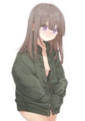 Rule 34 | 1girl, @ @, blunt bangs, blush, breasts, closed mouth, eyes visible through hair, female focus, hands in pockets, highres, jacket, long hair, looking down, maigoyaki, naked jacket, original, purple eyes, simple background, small breasts, solo, tears, white background