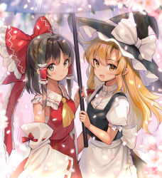 Rule 34 | 2girls, :d, :o, apron, black dress, blonde hair, blurry, bow, breasts, brown eyes, brown hair, cherry blossoms, commentary request, cowboy shot, depth of field, detached sleeves, diffraction spikes, dress, frills, hair bow, hair tubes, hakurei reimu, hat, highres, holding, holding umbrella, kirisame marisa, kiyosato 0928, light rays, long hair, medium breasts, medium hair, multiple girls, open mouth, red dress, sarashi, smile, touhou, umbrella, waist apron, witch hat, yellow eyes