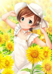 Rule 34 | 1girl, arms up, artist name, blush, brown hair, collarbone, dress, flower, green eyes, haruhata mutsuki, hat, holding, holding clothes, holding hat, idolmaster, idolmaster million live!, idolmaster million live! theater days, kinoshita hinata, looking at viewer, looking up, neck ribbon, ribbon, short hair, smile, solo, summer, sunflower, sunlight, white dress, white ribbon