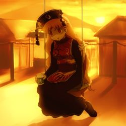 Rule 34 | 1girl, alcohol, black dress, blonde hair, building, commentary request, dress, drooling, empty eyes, hair ornament, junko (touhou), long hair, long sleeves, mountain, red eyes, sake, shaded face, shirosato, sitting, solo, swing, tabard, touhou, very long hair