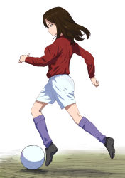 Rule 34 | 10s, 1girl, a1 (initial-g), absurdres, ball, black footwear, breasts, brown eyes, brown hair, cleats, closed mouth, dribbling (basketball), expressionless, from side, full body, girls und panzer, highres, kneehighs, large breasts, long sleeves, nonna (girls und panzer), profile, purple socks, red shirt, shirt, shoes, shorts, soccer, soccer ball, socks, solo, white background, white shorts