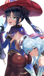 Rule 34 | 2girls, ^^^, ahoge, aqua eyes, ass, back, bare shoulders, black gloves, black hair, blue cape, blue hair, blue headwear, blue leotard, blush, bodystocking, breasts, brown legwear, cape, detached sleeves, earrings, elbow gloves, fur collar, ganyu (genshin impact), genshin impact, gloves, gold trim, hand on another&#039;s ass, hat, hat ornament, head on ass, highleg, highleg leotard, highres, horns, jewelry, large breasts, leotard, long hair, looking at viewer, looking back, medium breasts, mona (genshin impact), multiple girls, open mouth, pantyhose, pendant, purple eyes, shiny pants, smile, star (symbol), star earrings, thighlet, thighs, twintails, uenoryoma, vision (genshin impact), witch hat